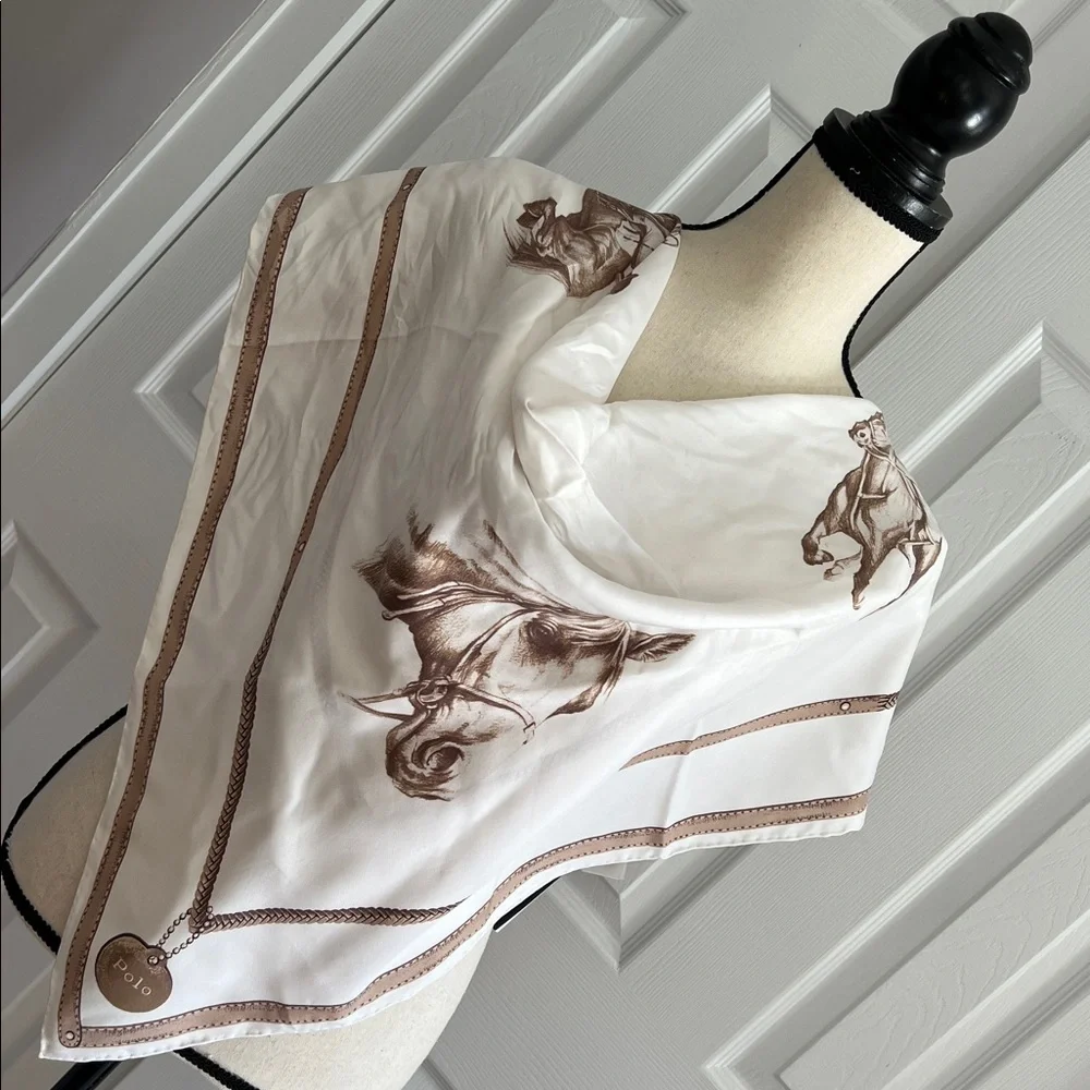 Polo Ralph Lauren Equestrian Silk Scarf Polo Horse Print Cream Brown - Picture 7 of 17